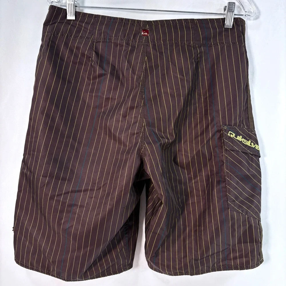 Quiksilver Board Shorts Brown Pinstripe Cargo Pocket Mens Swim Trunks 31